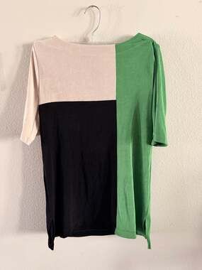 Chico's Size 0 S Colorblock Boat Neck Ribbed 3/4 Sleeve Top Green Black Cream